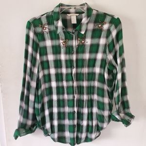 H&M Green Plaid button up